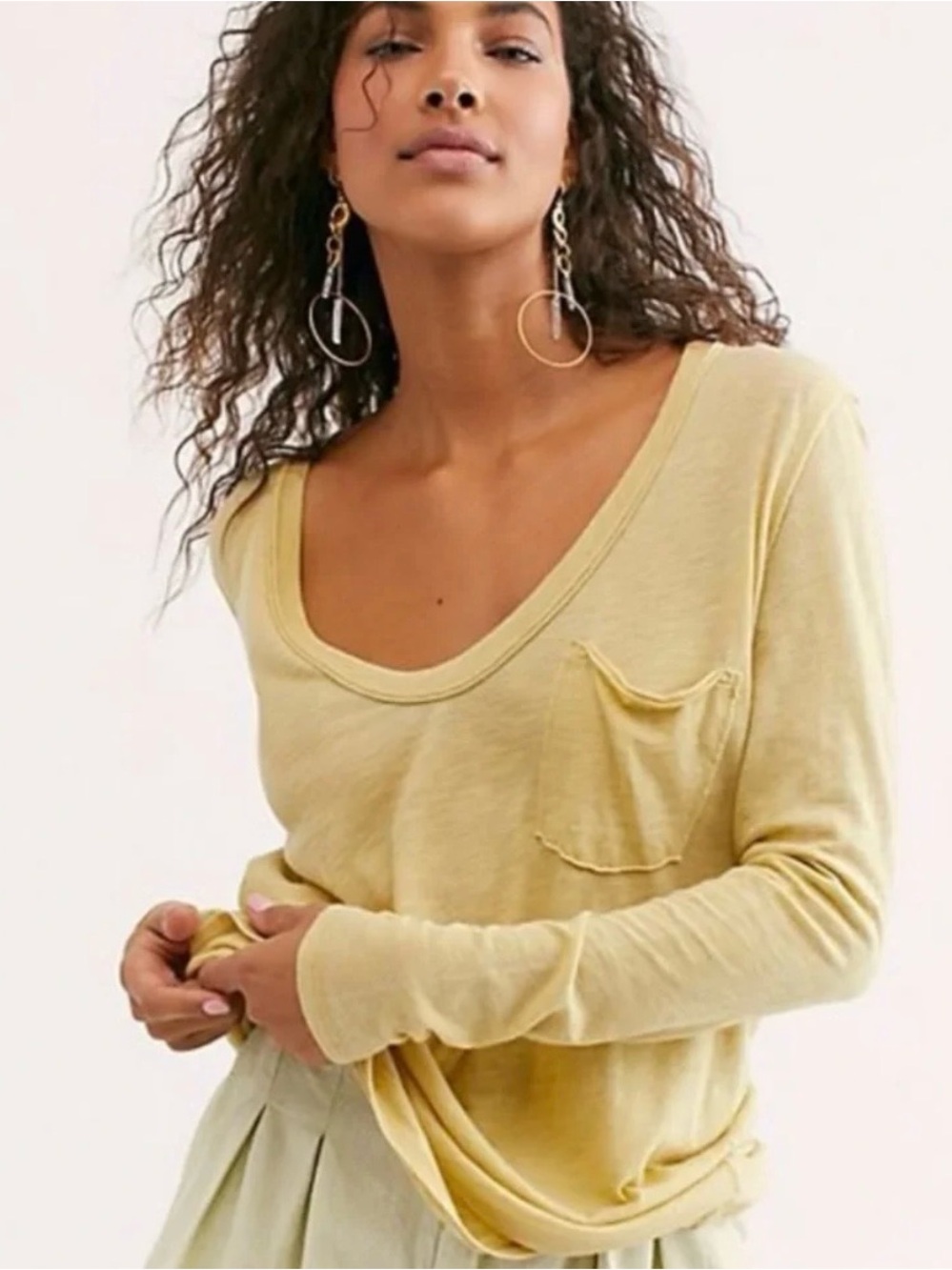 Free People Women’s Long-sleeve V-Neck pocket tee, Yellow, Size: Large